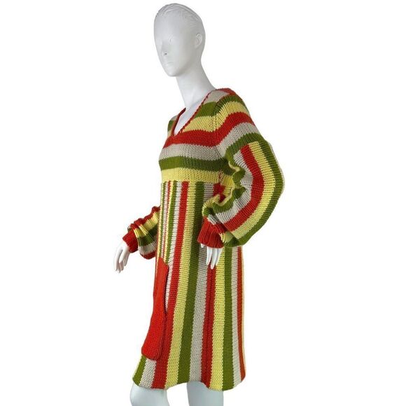 1970's Handknit Striped Dress with Big Kangaroo Front Pocket, Yellow, Green, Red - Picture 5 of 10